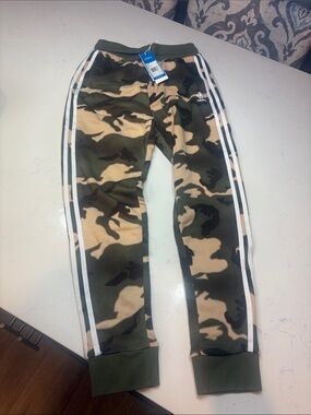 adidas Camouflage Track Joggers with White Stripes - Green & Tan